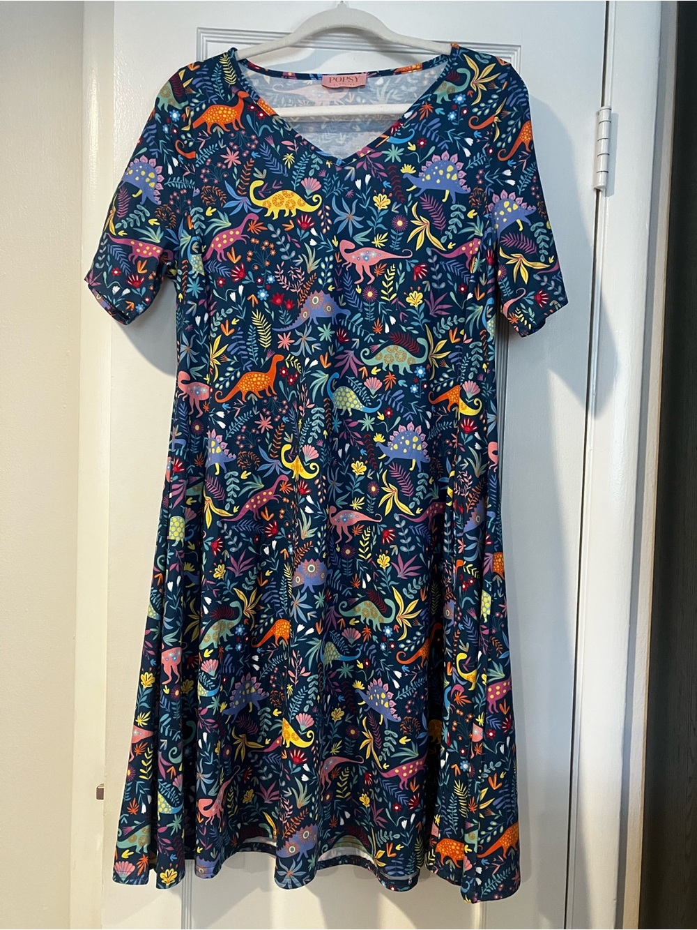 Popsy Navy V‑Neck Dino & Floral Print A‑Line Dress
